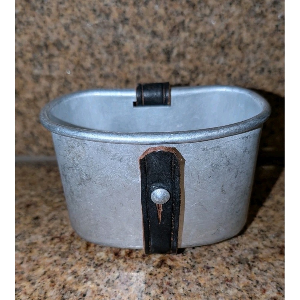 Vintage Spanish Aluminum Nesting Canteen Cup w/ Original Leather StrapMilitary